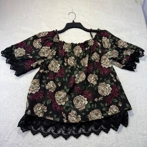 IZ Byer Floral Off The Shoulder Lace Trim Blouse Black Rose Smocked Top Medium